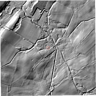 Shaded relief map of the ground around TF136DU, computed from Environment Agency LiDAR. The ground here sits at about 172 m above sea level and falls 13 m across the surrounding 800 m. Surface water reaching this point runs off ground lying to the south-west, 3.2 m higher.