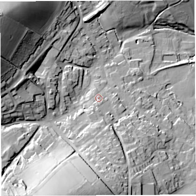 Shaded relief map of the ground around TF136EH, computed from Environment Agency LiDAR. The ground here sits at about 156 m above sea level and falls 47 m across the surrounding 800 m. Surface water reaching this point runs off ground lying to the south, 7.8 m higher.
