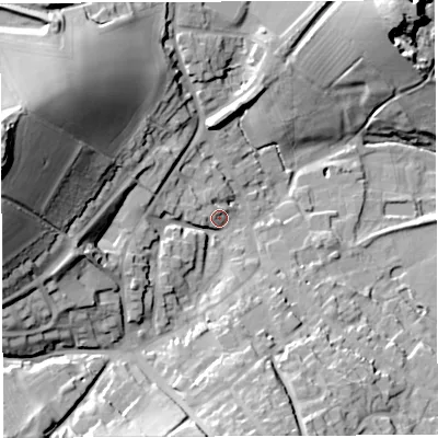 Shaded relief map of the ground around TF136FB, computed from Environment Agency LiDAR. The ground here sits at about 153 m above sea level and falls 53 m across the surrounding 800 m. Surface water reaching this point runs off ground lying to the west, 34.4 m higher.
