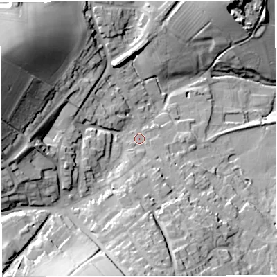 Shaded relief map of the ground around TF136HR, computed from Environment Agency LiDAR. The ground here sits at about 152 m above sea level and falls 46 m across the surrounding 800 m. Surface water reaching this point runs off ground lying to the south, 11.9 m higher.