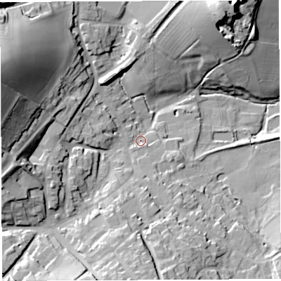 Shaded relief map of the ground around TF136HS, computed from Environment Agency LiDAR. The ground here sits at about 150 m above sea level and falls 44 m across the surrounding 800 m. Surface water reaching this point runs off ground lying to the west-south-west, 20.5 m higher.