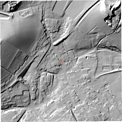 Shaded relief map of the ground around TF136HT, computed from Environment Agency LiDAR. The ground here sits at about 152 m above sea level and falls 49 m across the surrounding 800 m. Surface water reaching this point runs off ground lying to the west-south-west, 7.2 m higher.