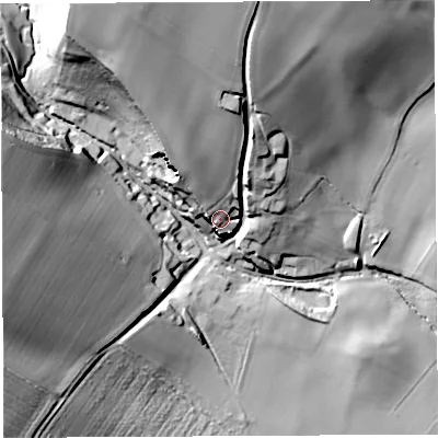 Shaded relief map of the ground around TF136JR, computed from Environment Agency LiDAR. The ground here sits at about 174 m above sea level and falls 48 m across the surrounding 800 m. Surface water reaching this point runs off ground lying to the north-north-west, 33.1 m higher.