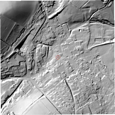 Shaded relief map of the ground around TF136LY, computed from Environment Agency LiDAR. The ground here sits at about 154 m above sea level and falls 47 m across the surrounding 800 m. Surface water reaching this point runs off ground lying to the south, 9.1 m higher.