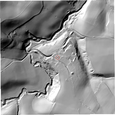 Shaded relief map of the ground around TF136NN, computed from Environment Agency LiDAR. The ground here sits at about 82 m above sea level and falls 48 m across the surrounding 800 m. Surface water reaching this point runs off ground lying to the south-east, 12.7 m higher.