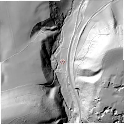 Shaded relief map of the ground around TF136NY, computed from Environment Agency LiDAR. The ground here sits at about 71 m above sea level and falls 116 m across the surrounding 800 m. Surface water reaching this point runs off ground lying to the east, 8.9 m higher.