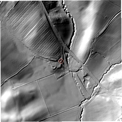 Shaded relief map of the ground around TF136PS, computed from Environment Agency LiDAR. The ground here sits at about 126 m above sea level and falls 46 m across the surrounding 800 m. Surface water reaching this point runs off ground lying to the north-west, 13.5 m higher.