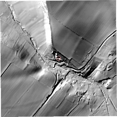 Shaded relief map of the ground around TF136QF, computed from Environment Agency LiDAR. The ground here sits at about 197 m above sea level and falls 72 m across the surrounding 800 m. Surface water reaching this point runs off ground lying to the north, 51.3 m higher.