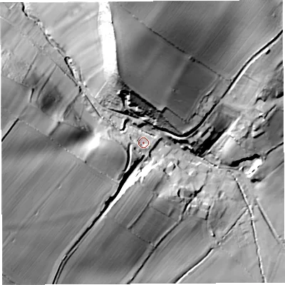 Shaded relief map of the ground around TF136QG, computed from Environment Agency LiDAR. The ground here sits at about 187 m above sea level and falls 64 m across the surrounding 800 m. Surface water reaching this point runs off ground lying to the west-south-west, 41.3 m higher.