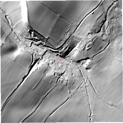 Shaded relief map of the ground around TF136QH, computed from Environment Agency LiDAR. The ground here sits at about 183 m above sea level and falls 62 m across the surrounding 800 m. Surface water reaching this point runs off ground lying to the north-north-west, 54.5 m higher.