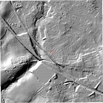 Shaded relief map of the ground around TF13NH, computed from Environment Agency LiDAR. The ground here sits at about 87 m above sea level and falls 20 m across the surrounding 800 m. Surface water reaching this point runs off ground lying to the south-south-east, 5.4 m higher.