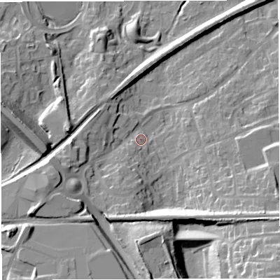 Shaded relief map of the ground around TF15JJ, computed from Environment Agency LiDAR. The ground here sits at about 87 m above sea level and falls 31 m across the surrounding 800 m. Surface water reaching this point runs off ground lying to the east-south-east, 19.2 m higher.