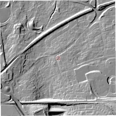 Shaded relief map of the ground around TF15JL, computed from Environment Agency LiDAR. The ground here sits at about 89 m above sea level and falls 31 m across the surrounding 800 m. Surface water reaching this point runs off ground lying to the south-south-east, 5.4 m higher.