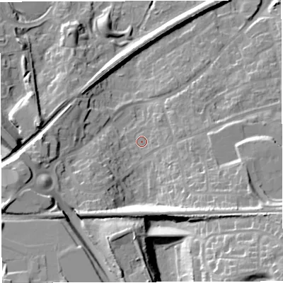 Shaded relief map of the ground around TF15LF, computed from Environment Agency LiDAR. The ground here sits at about 87 m above sea level and falls 33 m across the surrounding 800 m. Surface water reaching this point runs off ground lying to the east, 4.3 m higher.