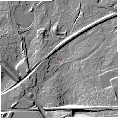 Shaded relief map of the ground around TF16JN, computed from Environment Agency LiDAR. The ground here sits at about 85 m above sea level and falls 27 m across the surrounding 800 m. Surface water reaching this point runs off ground lying to the south-west, 15.5 m higher.