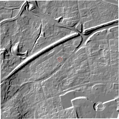 Shaded relief map of the ground around TF16LH, computed from Environment Agency LiDAR. The ground here sits at about 85 m above sea level and falls 24 m across the surrounding 800 m. Surface water reaching this point runs off ground lying to the south-south-west, 2.0 m higher.