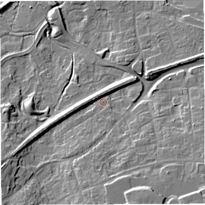 Shaded relief map of the ground around TF16LP, computed from Environment Agency LiDAR. The ground here sits at about 85 m above sea level and falls 21 m across the surrounding 800 m. Surface water reaching this point runs off ground lying to the south, 9.8 m higher.