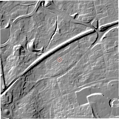 Shaded relief map of the ground around TF16LW, computed from Environment Agency LiDAR. The ground here sits at about 86 m above sea level and falls 23 m across the surrounding 800 m. Surface water reaching this point runs off ground lying to the south, 4.0 m higher.