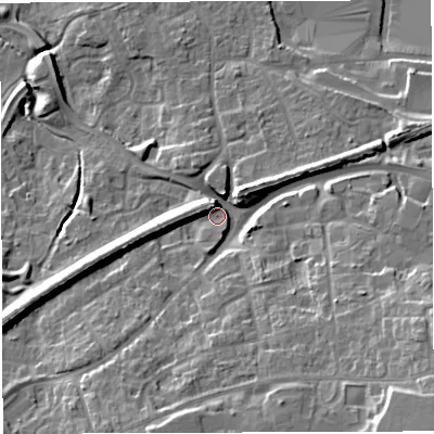 Shaded relief map of the ground around TF16LZ, computed from Environment Agency LiDAR. The ground here sits at about 83 m above sea level and falls 22 m across the surrounding 800 m. Surface water reaching this point runs off ground lying to the south-east, 16.9 m higher.