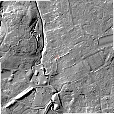 Shaded relief map of the ground around TF16QR, computed from Environment Agency LiDAR. The ground here sits at about 76 m above sea level and falls 15 m across the surrounding 800 m. Surface water reaching this point runs off ground lying to the south-east, 4.3 m higher.