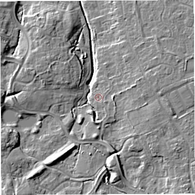 Shaded relief map of the ground around TF16QT, computed from Environment Agency LiDAR. The ground here sits at about 76 m above sea level and falls 18 m across the surrounding 800 m. Surface water reaching this point runs off ground lying to the east-south-east, 2.4 m higher.