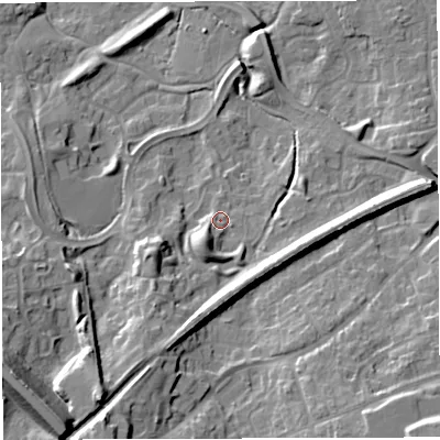 Shaded relief map of the ground around TF16TN, computed from Environment Agency LiDAR. The ground here sits at about 83 m above sea level and falls 25 m across the surrounding 800 m. Surface water reaching this point runs off ground lying to the south-south-west, 6.5 m higher.