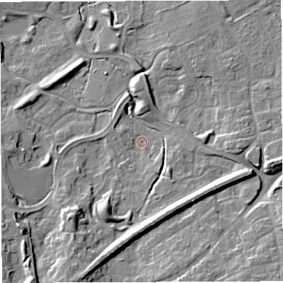 Shaded relief map of the ground around TF16TP, computed from Environment Agency LiDAR. The ground here sits at about 79 m above sea level and falls 20 m across the surrounding 800 m. Surface water reaching this point runs off ground lying to the south-west, 11.3 m higher.