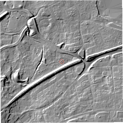 Shaded relief map of the ground around TF16TT, computed from Environment Agency LiDAR. The ground here sits at about 82 m above sea level and falls 19 m across the surrounding 800 m. Surface water reaching this point runs off ground lying to the south-west, 7.7 m higher.