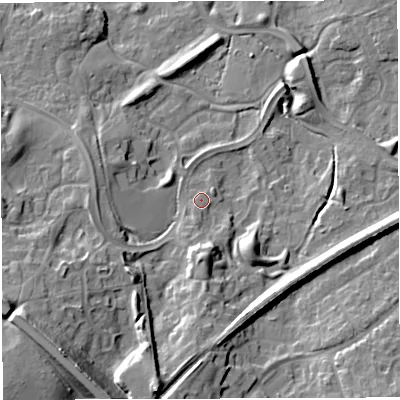 Shaded relief map of the ground around TF16TU, computed from Environment Agency LiDAR. The ground here sits at about 83 m above sea level and falls 26 m across the surrounding 800 m. Surface water reaching this point runs off ground lying to the south-south-west, 2.1 m higher.