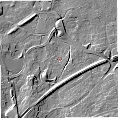 Shaded relief map of the ground around TF16TW, computed from Environment Agency LiDAR. The ground here sits at about 80 m above sea level and falls 25 m across the surrounding 800 m. Surface water reaching this point runs off ground lying to the south-west, 8.7 m higher.