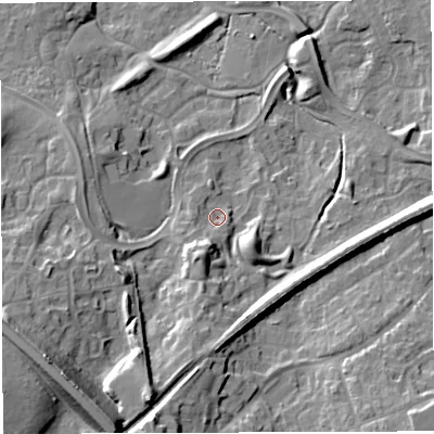 Shaded relief map of the ground around TF16TX, computed from Environment Agency LiDAR. The ground here sits at about 82 m above sea level and falls 25 m across the surrounding 800 m. Surface water reaching this point runs off ground lying to the south-south-west, 7.6 m higher.