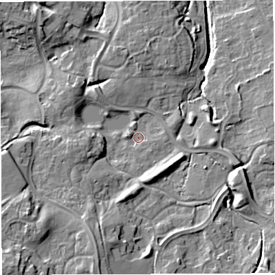 Shaded relief map of the ground around TF16UZ, computed from Environment Agency LiDAR. The ground here sits at about 75 m above sea level and falls 23 m across the surrounding 800 m. Surface water reaching this point runs off ground lying to the south-south-west, 12.7 m higher.