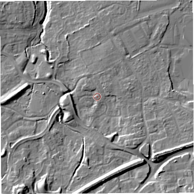 Shaded relief map of the ground around TF16YL, computed from Environment Agency LiDAR. The ground here sits at about 80 m above sea level and falls 20 m across the surrounding 800 m. Surface water reaching this point runs off ground lying to the east-north-east, 2.3 m higher.
