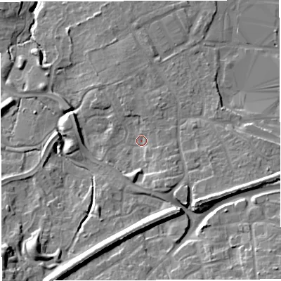 Shaded relief map of the ground around TF16YY, computed from Environment Agency LiDAR. The ground here sits at about 79 m above sea level and falls 21 m across the surrounding 800 m. Surface water reaching this point runs off ground lying to the east-south-east, 3.0 m higher.