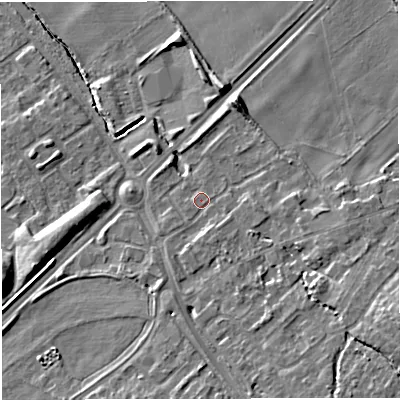 Shaded relief map of the ground around TF28DH, computed from Environment Agency LiDAR. The ground here sits at about 72 m above sea level and falls 13 m across the surrounding 800 m. Surface water reaching this point runs off ground lying to the east-south-east, 7.3 m higher.