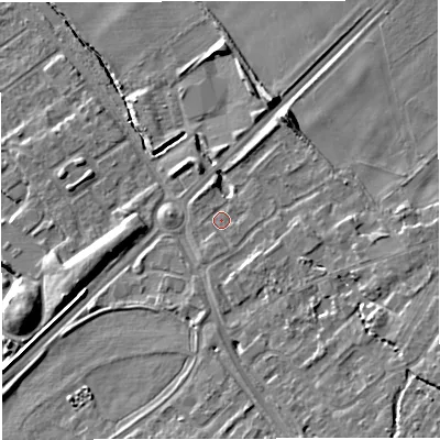 Shaded relief map of the ground around TF28DJ, computed from Environment Agency LiDAR. The ground here sits at about 72 m above sea level and falls 11 m across the surrounding 800 m. Surface water reaching this point runs off ground lying to the south-east, 6.3 m higher.