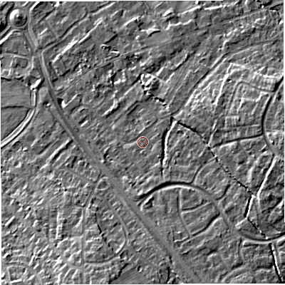 Shaded relief map of the ground around TF28JJ, computed from Environment Agency LiDAR. The ground here sits at about 76 m above sea level and falls 14 m across the surrounding 800 m. Surface water reaching this point runs off ground lying to the south-south-east, 1.3 m higher.