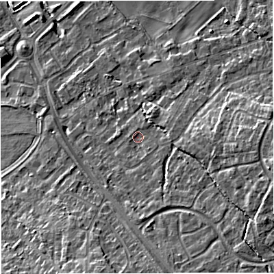 Shaded relief map of the ground around TF28JL, computed from Environment Agency LiDAR. The ground here sits at about 75 m above sea level and falls 14 m across the surrounding 800 m. Surface water reaching this point runs off ground lying to the east-south-east, 7.9 m higher.
