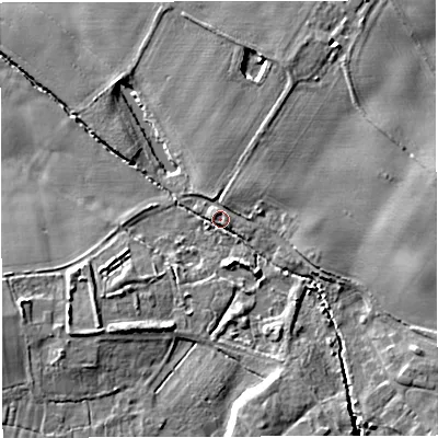 Shaded relief map of the ground around TF28LW, computed from Environment Agency LiDAR. The ground here sits at about 61 m above sea level and falls 11 m across the surrounding 800 m. Surface water reaching this point runs off ground lying to the south-south-east, 6.4 m higher.