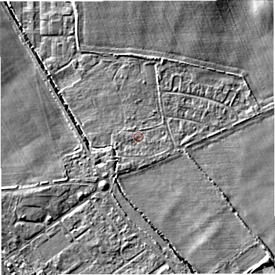 Shaded relief map of the ground around TF28LX, computed from Environment Agency LiDAR. The ground here sits at about 66 m above sea level and falls 11 m across the surrounding 800 m. Surface water reaching this point runs off ground lying to the south-south-east, 0.8 m higher.
