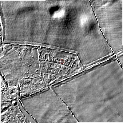Shaded relief map of the ground around TF28NA, computed from Environment Agency LiDAR. The ground here sits at about 67 m above sea level and falls 7 m across the surrounding 800 m. Surface water reaching this point runs off ground lying to the south-east, 1.3 m higher.
