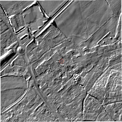 Shaded relief map of the ground around TF28NG, computed from Environment Agency LiDAR. The ground here sits at about 73 m above sea level and falls 14 m across the surrounding 800 m. Surface water reaching this point runs off ground lying to the south-east, 8.5 m higher.