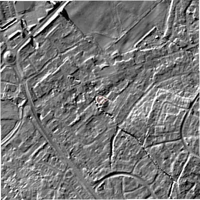 Shaded relief map of the ground around TF28NJ, computed from Environment Agency LiDAR. The ground here sits at about 75 m above sea level and falls 13 m across the surrounding 800 m. Surface water reaching this point runs off ground lying to the east-south-east, 8.8 m higher.