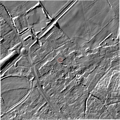 Shaded relief map of the ground around TF28NP, computed from Environment Agency LiDAR. The ground here sits at about 73 m above sea level and falls 14 m across the surrounding 800 m. Surface water reaching this point runs off ground lying to the east-south-east, 8.2 m higher.