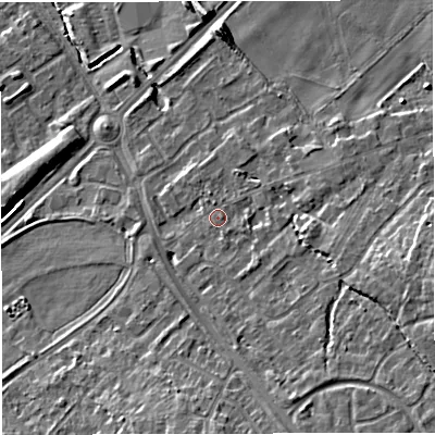 Shaded relief map of the ground around TF28NQ, computed from Environment Agency LiDAR. The ground here sits at about 74 m above sea level and falls 12 m across the surrounding 800 m. Surface water reaching this point runs off ground lying to the south-south-east, 0.9 m higher.