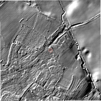Shaded relief map of the ground around TF28NZ, computed from Environment Agency LiDAR. The ground here sits at about 75 m above sea level and falls 16 m across the surrounding 800 m. Surface water reaching this point runs off ground lying to the south-south-east, 1.7 m higher.