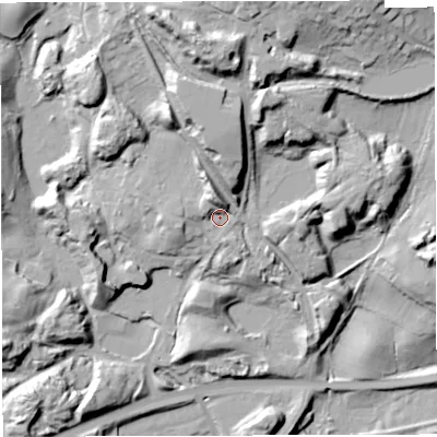 Shaded relief map of the ground around TF43QN, computed from Environment Agency LiDAR. The ground here sits at about 124 m above sea level and falls 46 m across the surrounding 800 m. Surface water reaching this point runs off ground lying to the north-north-west, 18.2 m higher.