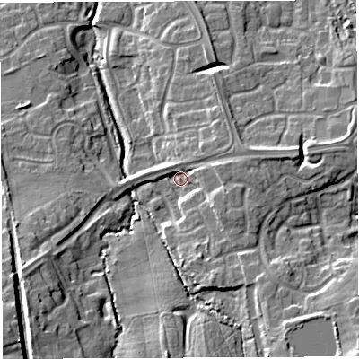 Shaded relief map of the ground around TF50AA, computed from Environment Agency LiDAR. The ground here sits at about 71 m above sea level and falls 18 m across the surrounding 800 m. Surface water reaching this point runs off ground lying to the south-west, 12.0 m higher.