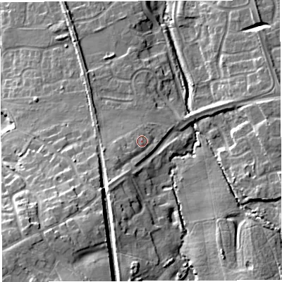 Shaded relief map of the ground around TF50AB, computed from Environment Agency LiDAR. The ground here sits at about 73 m above sea level and falls 19 m across the surrounding 800 m. Surface water reaching this point runs off ground lying to the south-south-east, 1.1 m higher.