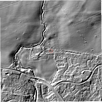 Shaded relief map of the ground around TF50BY, computed from Environment Agency LiDAR. The ground here sits at about 62 m above sea level and falls 11 m across the surrounding 800 m. Surface water reaching this point runs off ground lying to the south, 6.4 m higher.